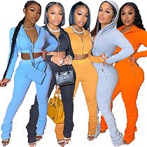 Solid Zipper Hooded Crop Top and Pants Suit HMS-5520