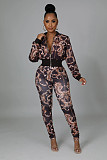 Pattern Print Zipper Jacket High Waist Pants Set XMY-9337