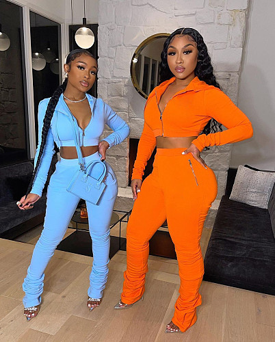 Solid Zipper Hooded Crop Top and Pants Suit HMS-5520