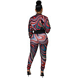 Pattern Print Zipper Jacket High Waist Pants Set XMY-9337