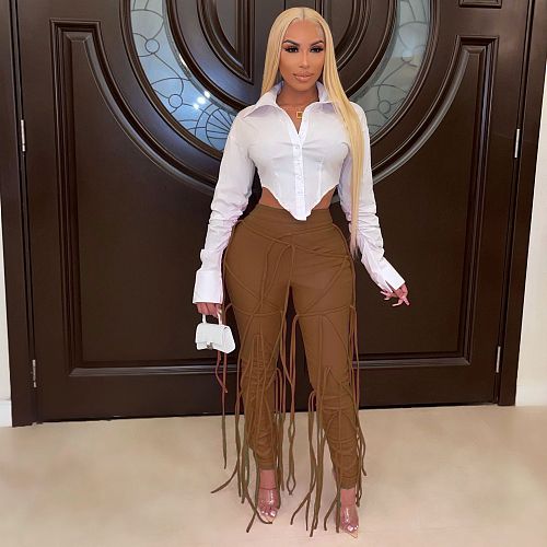 High Waist PU Leather Bandage Leggings Pants CHY-1351