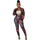 Pattern Print Zipper Jacket High Waist Pants Set XMY-9337