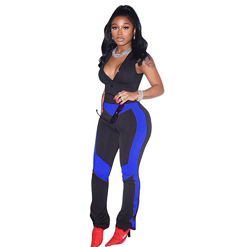 Patchwork Zipper Sleeveless Bodycon Fitness Jumpsuit MEM-88412