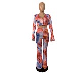 Tie Dye Flare Sleeve Crop Tops And Pants Set CN-9909