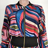 Pattern Print Zipper Jacket High Waist Pants Set XMY-9337