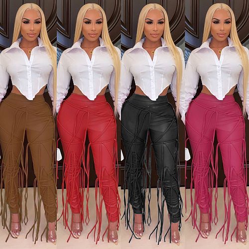 High Waist PU Leather Bandage Leggings Pants CHY-1351