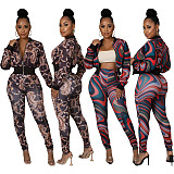 Pattern Print Zipper Jacket High Waist Pants Set XMY-9337