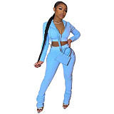 Solid Zipper Hooded Crop Top and Pants Suit HMS-5520