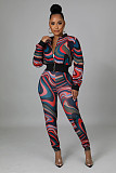 Pattern Print Zipper Jacket High Waist Pants Set XMY-9337