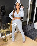 Solid Zipper Hooded Crop Top and Pants Suit HMS-5520