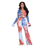 Tie Dye Flare Sleeve Crop Tops And Pants Set CN-9909