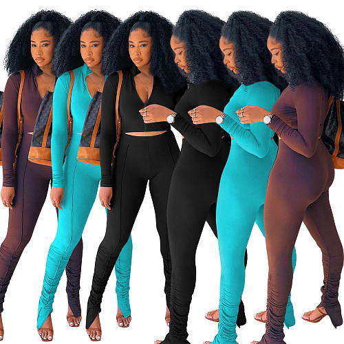 Long Sleeve Zipper Crop Top Pencil Pants Sets OYF-8277