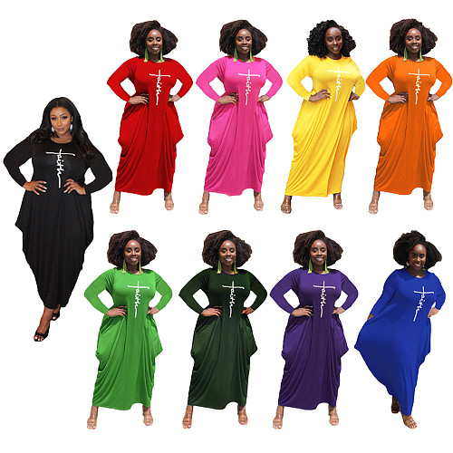 Plus Size Loose Letter Printed Irregular Maxi Dress HANI-008