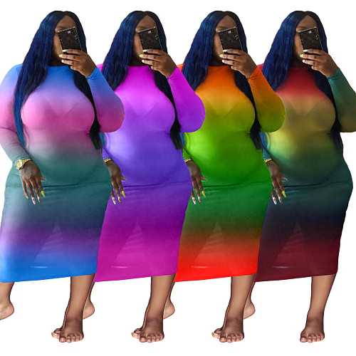 Tie Dye Printed Long Sleeve O Neck Plus Size Dress WA-77421