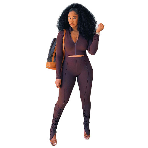 Long Sleeve Zipper Crop Top Pencil Pants Sets OYF-8277