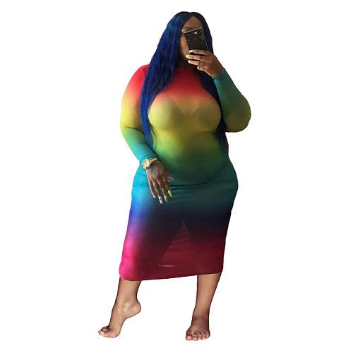 Tie Dye Printed Long Sleeve O Neck Plus Size Dress WA-77421