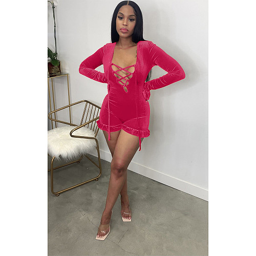 Solid Velvet Bandage Hollow Out Hooded Rompers MDF-5262