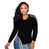 Crystal Tassels Long Sleeve Pullover Blouses JLY-19008