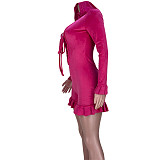 Solid Velvet Bandage Hollow Out Hooded Rompers MDF-5262