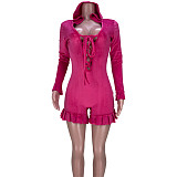Solid Velvet Bandage Hollow Out Hooded Rompers MDF-5262