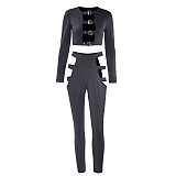 Hollow Out Skinny Long Sleeve Crop Top Pencil Pants Suit PY-8450