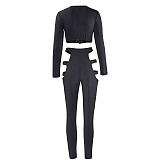 Hollow Out Skinny Long Sleeve Crop Top Pencil Pants Suit PY-8450