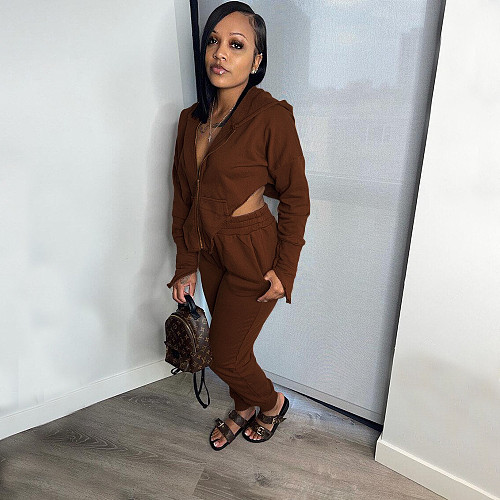 Solid Long Sleeve Irregular Zipper Top Pants Tracksuit SFY-2136