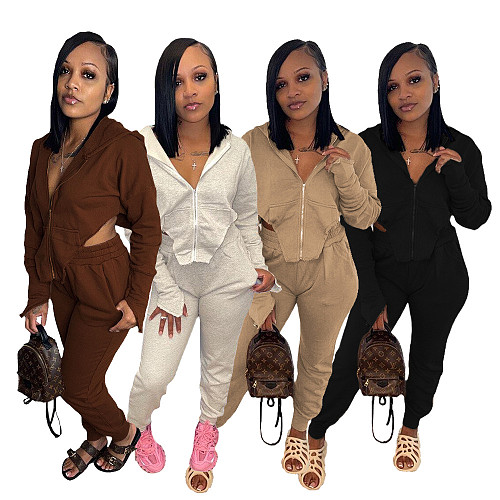 Solid Long Sleeve Irregular Zipper Top Pants Tracksuit SFY-2136