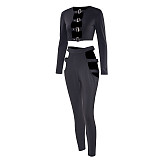 Hollow Out Skinny Long Sleeve Crop Top Pencil Pants Suit PY-8450