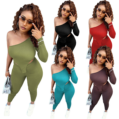 Irregular One-Shoulder Long Sleeve Top Leggings Set YUM-9096