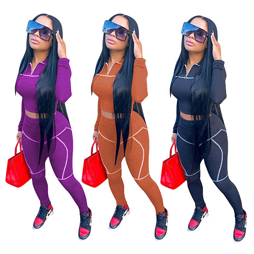 Stand Collar Zipper Up Pullover Crop Top Pants Tracksuit MEM-8306