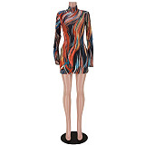 Tie Dye Flare Long Sleeve Bodycon Dress ASL-6538