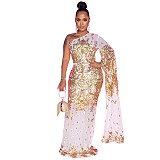 Single Shoulder Sequin Mesh High Waist Evening Dress OSS-21495