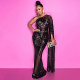 Single Shoulder Sequin Mesh High Waist Evening Dress OSS-21495