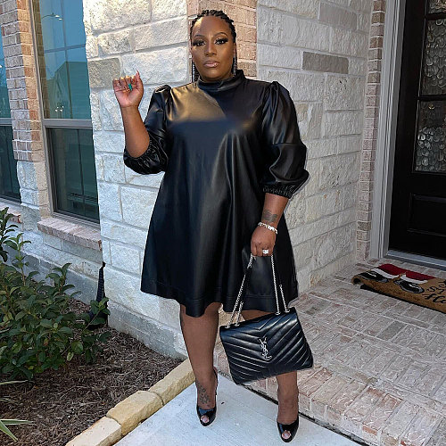 Plus Size Half Sleeve Black PU Leather Dress NY-2293