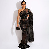 Single Shoulder Sequin Mesh High Waist Evening Dress OSS-21495