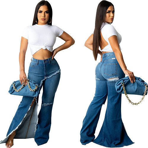 Ripped Hole Stretch Split Denim Flare Long Pants HSF-2601