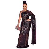 Single Shoulder Sequin Mesh High Waist Evening Dress OSS-21495