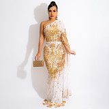 Single Shoulder Sequin Mesh High Waist Evening Dress OSS-21495