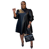 Plus Size Half Sleeve Black PU Leather Dress NY-2293