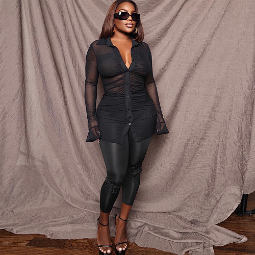 Black Mesh See Through Shirt Top Skinny Pants Set NY-2299