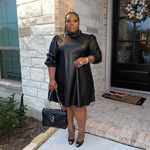 Plus Size Half Sleeve Black PU Leather Dress NY-2293