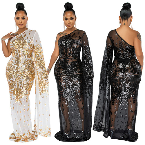 Single Shoulder Sequin Mesh High Waist Evening Dress OSS-21495