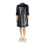 Plus Size Half Sleeve Black PU Leather Dress NY-2293