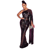 Single Shoulder Sequin Mesh High Waist Evening Dress OSS-21495