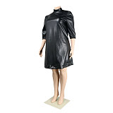 Plus Size Half Sleeve Black PU Leather Dress NY-2293