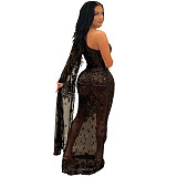 Single Shoulder Sequin Mesh High Waist Evening Dress OSS-21495
