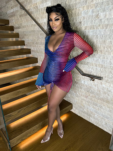 V Neck Long Sleeve High Waist Drawstring Dress NTY-7217