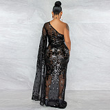 Single Shoulder Sequin Mesh High Waist Evening Dress OSS-21495