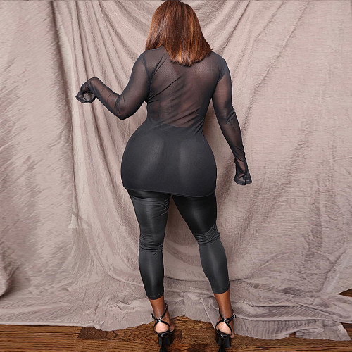 Black Mesh See Through Shirt Top Skinny Pants Set NY-2299